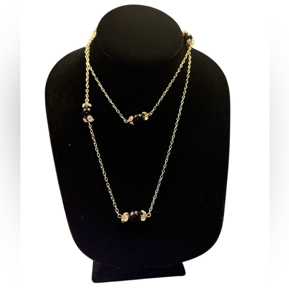 J. Crew Vintage Gold and Black Beaded w/CZ 32”Necklace - Picture 3 of 11
